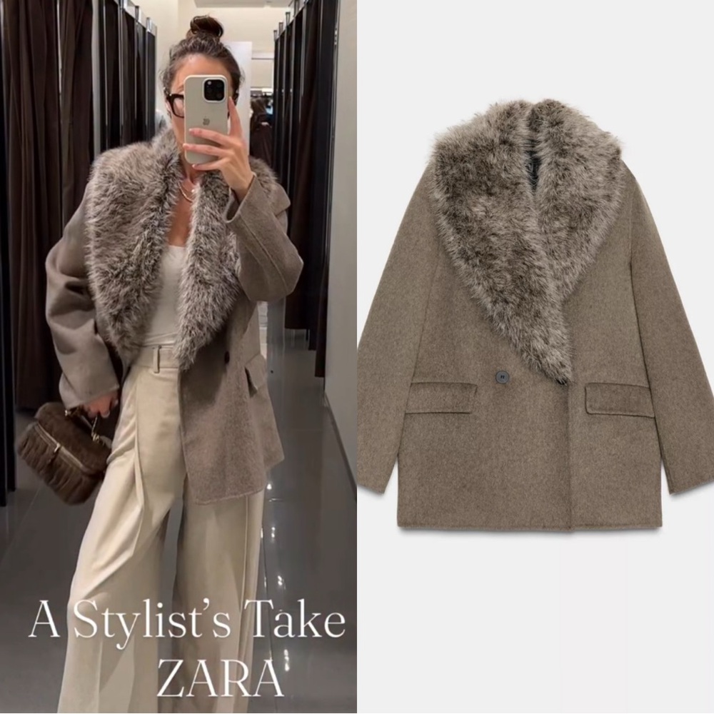 Zara Wool Blend Faux Fur Collar Jacket ZW Collection